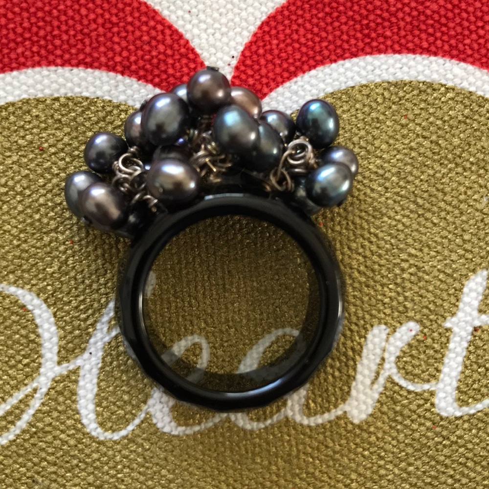 Faceted Jet Glass Ring With Tiny Tahitian Pearls